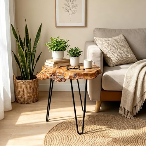 DONZIKLE Live Edge Side Table Natural Edge Wood End Table with Hairpin Legs Unique Natural Wood Table for Living Room Bedroom Farmhouse Decor (Small)