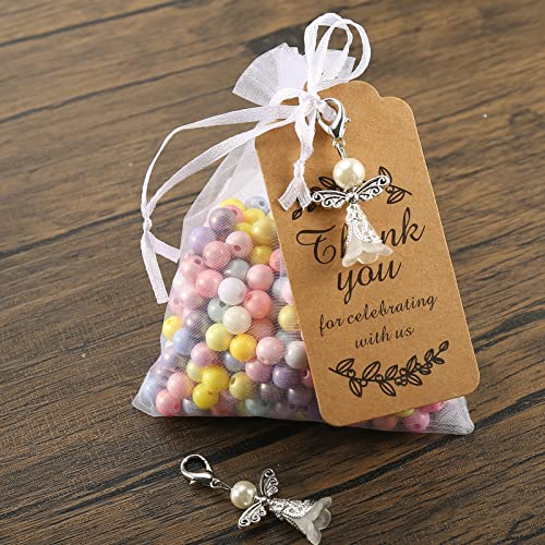 Tobeit 30Set Angel Keychain With Angel Wings Shape Pendant Thank You Tag Drawstring Organza Bag For Wedding Gifts(A-White) #TOP3