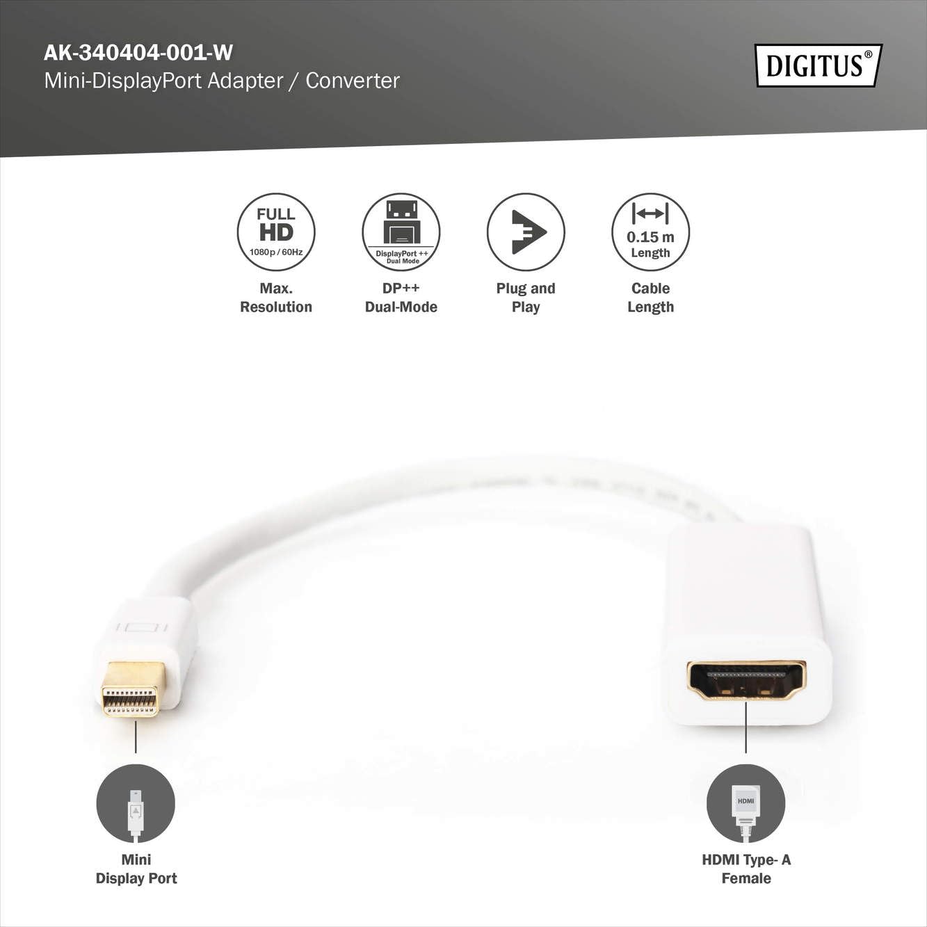 Digitus ASSMANN Electronic mini DP - HDMI, 0.15m 0,15 m mini DisplayPort Bianco