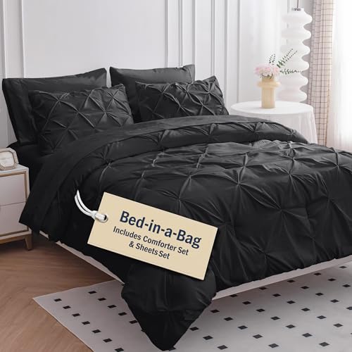 Reviews de Juegos completos los más solicitados. 47 LANE LINEN - Juego de edredón plisado de 7 piezas con sábanas, juego completo de ropa de cama suave, con fundas de almohada y fundas decorativas, tamaño king, color negro