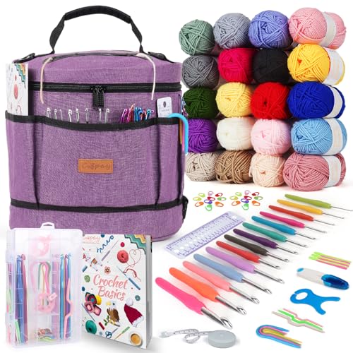 Coopay - Juego de ganchillo portátil para principiantes, 14 piezas de juego de agujas de ganchillo de 2,0-10,0mm con mango suave, juego de ganchillo con 20 hilos de ganchillo, bolsa de gran capacidad