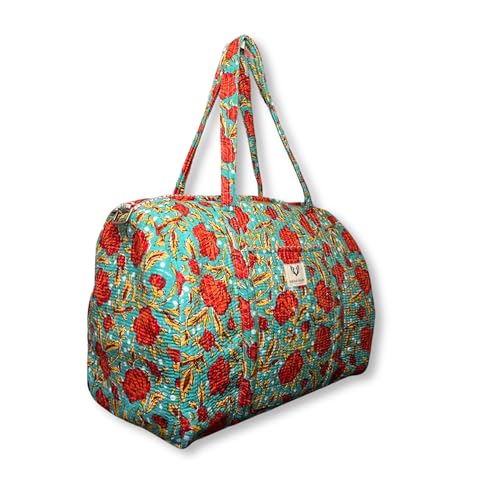 Quilted Cotton Travel Duffel Bag Weekender Short Trip Reinforced Stitching Gift for Her (Rosey Meadow)2