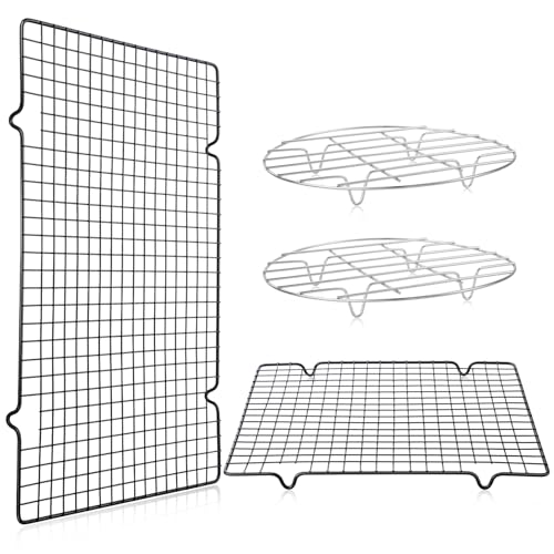 FRIUSATE 4 Stück Abkühlgitter, Kuchengitter Abkühlgitter, Rund Rechteckiges Backgitter Mehrweg Backgitter zum Auskühlen, Backen, Grillen, Räuchern, Dämpfen, 40 x 25 x 2cm, 28 x 25 x 2cm, 22.5cm