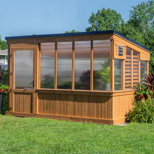 Image of Backyard Discovery Zalie 11' x 7' Cedar Wood and Polycarbonate Walk-in Greenhouse Kit with Exhaust Fan, Windows, Hose Hook-Ups, PowerPort, Staging Shelves for Year-Round Outdoor Gardening