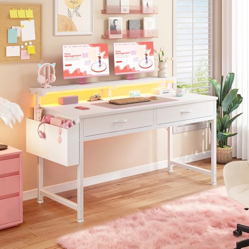 Image of DurayLoly 47.3 Inch Computer Desk with 2 Drawers & LED Lights, Home Office Desk with Side Pocket, Gaming Desk with Monitor Stand, Study Writing Table for Small Spaces, White