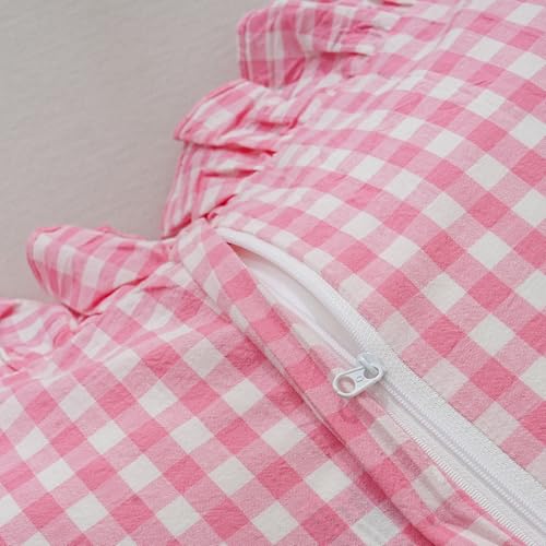 Pink/White Gingham Body Pillow Sham 20x54 inches, 100% Washed Cotton Ruffled Vintage Pillowcase Farmhouse Body Pillow Cover for Bed/Sofa