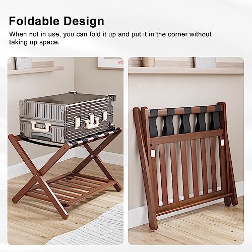 Smuxee Fully Assembled Walnut Luggage Racks Pack of 2, Upgraded Bamboo Foldable Suitcase Stand with 5 Nylon Straps, Luggage Holder with Shelf for Guest Room Bedroom Hotel