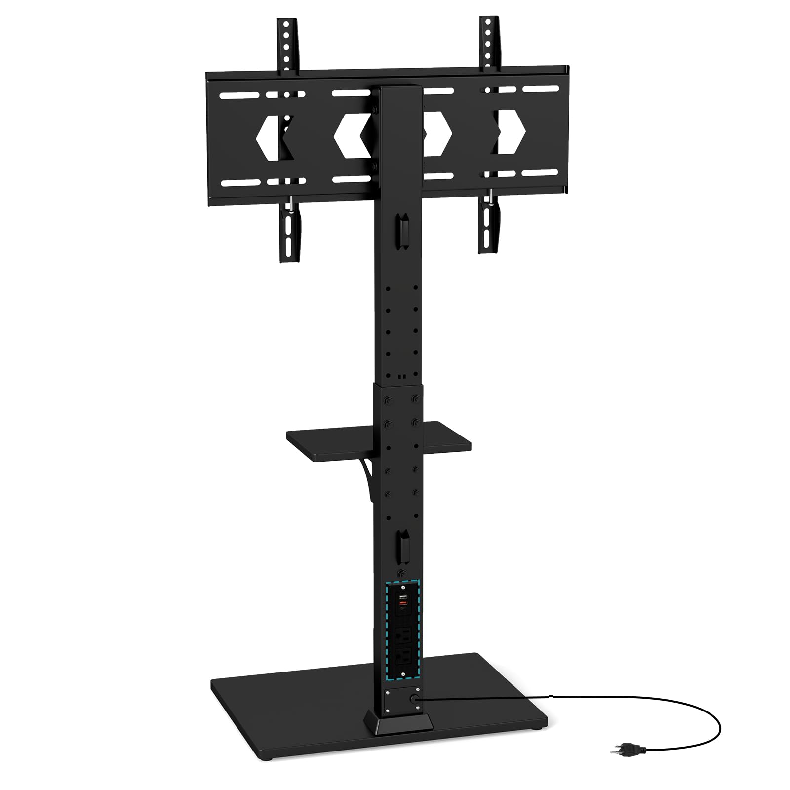 GYMAX Support TV sur Pied Inclinable, Hauteur Réglable, avec Prise de Courant, Étagère de Rangement, pour Télévision Écran de 32 à 70″ Jusqu'à 50 KG, VESA Max 600 x 400 mm