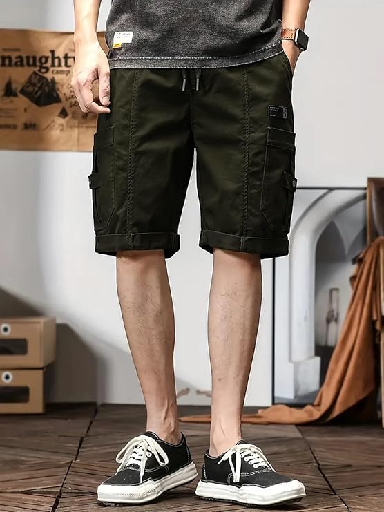 Image of Men's 100% Pure Cotton Cargo Shorts | Regular Fit Knee Length Utility Shorts with Multiple Pockets | Casual Outdoor Summer Wear Shorts for Men