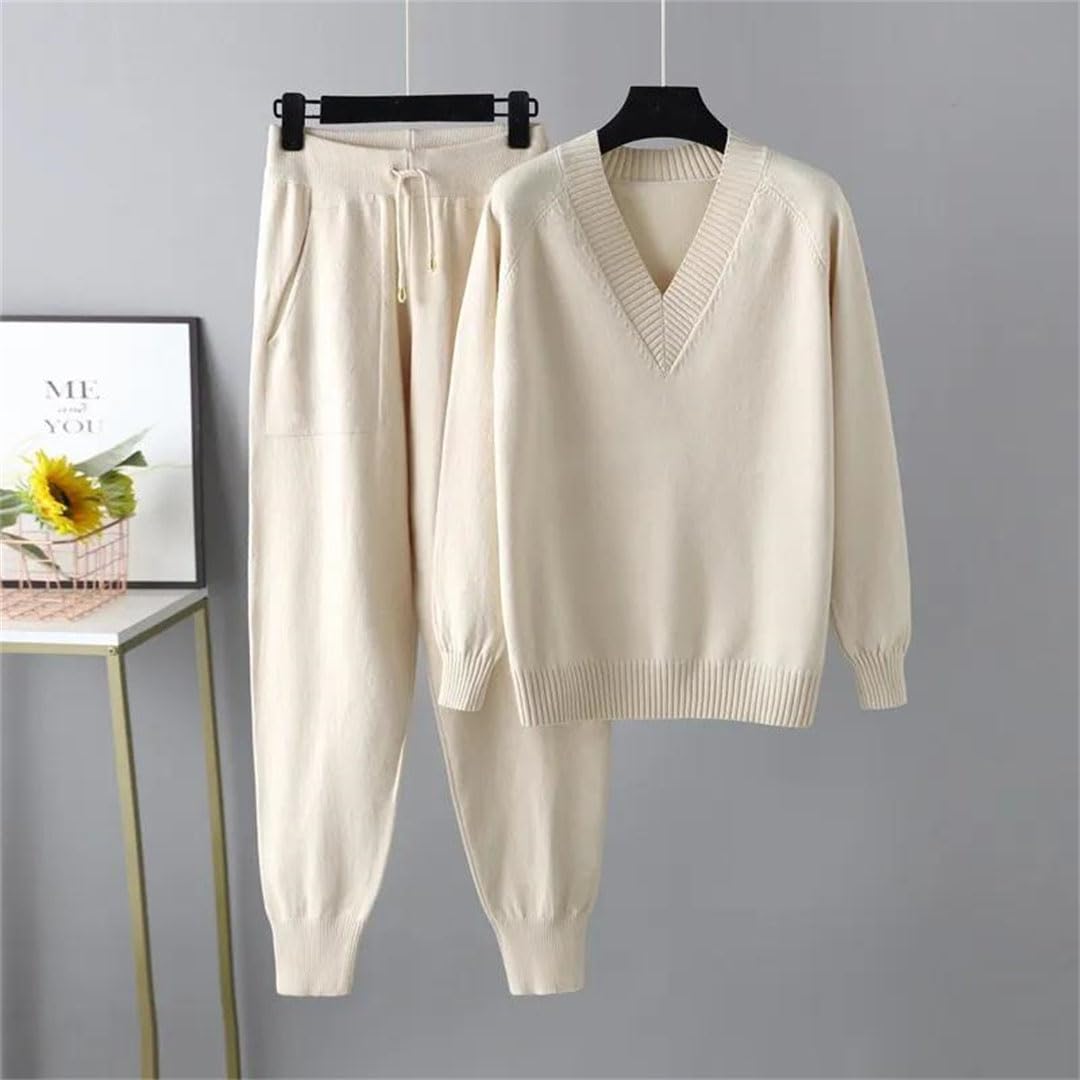 Ensemble deux pièces pour femme avec col en V et pantalon tricoté