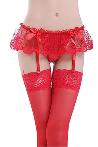Abeda Standard Sheer Thigh High Pantyhose Stockings With Comfort Lace, Sheer Stockings Lingerie Set With Panty For Women's (Red) #TOP2