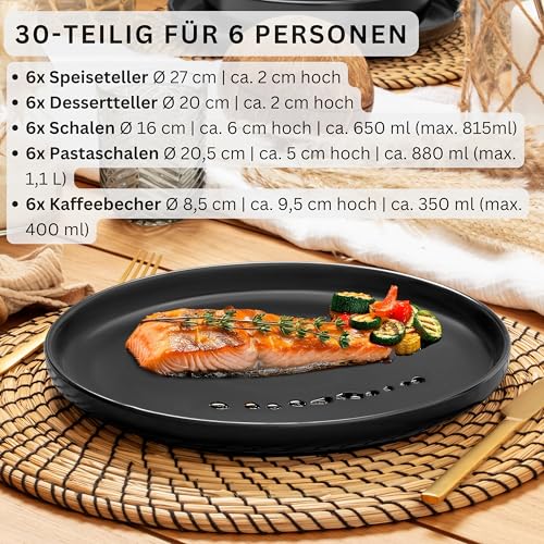 SÄNGER Madeira | Kombiservice 6 Personen, Teller Set matt Kaffeebecher Pastaschalen 30 tlg, Steingut Geschirr Set spülmaschinen- mikrowellen, Geschirrset aus Steingut schwarz | VALUE COLLECTION