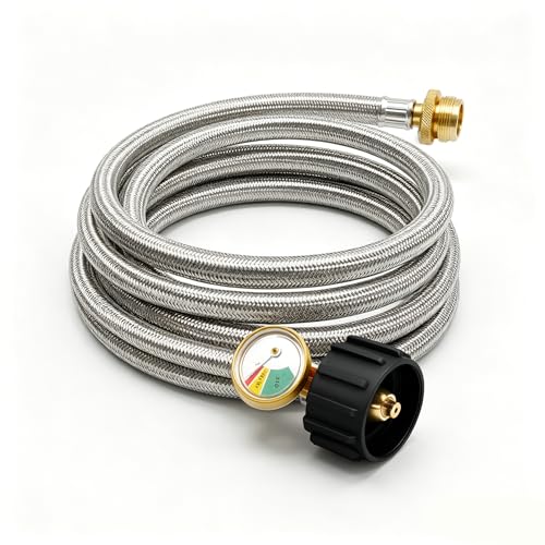 Image of BeeGo 12FT Propane Hose Adapter with Gauge for 5-40lb Propane Tank, 1lb to 20lb Converts 1lb Appliances for Weber Q Grills, Go-Anywhere, Blackstone Griddles, Coleman Stoves, Buddy Heaters
