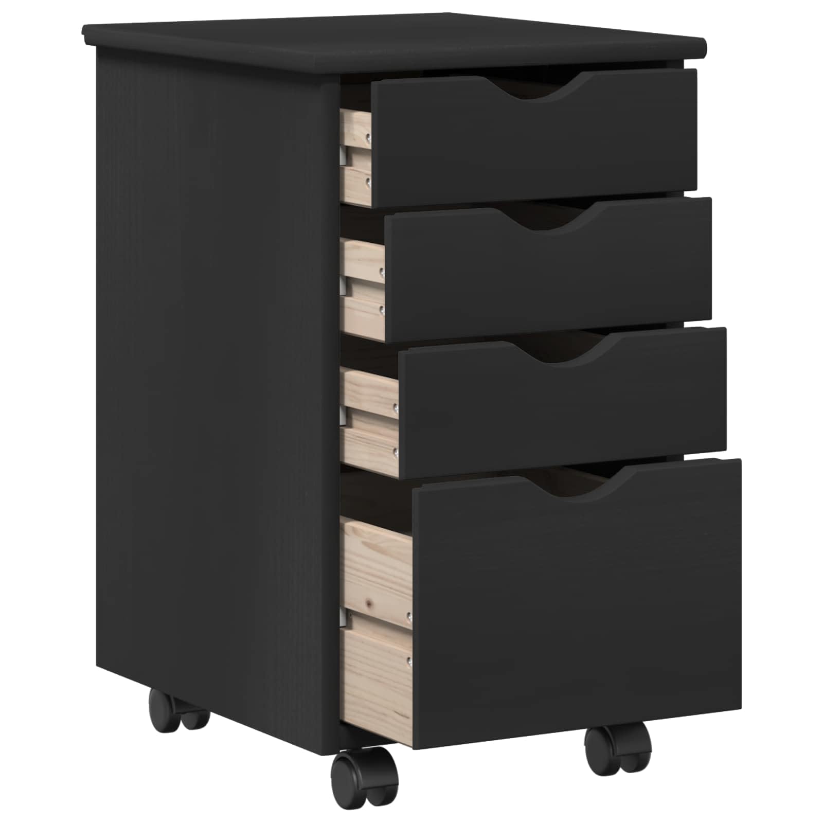 Armadio a rotelle nero, 34 x 39 x 56 cm, contenitore con ruote in legno di pino massello con 4 cassetti, contenitore mobile da ufficio per casa e studio, design minimalista