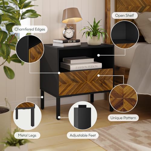 Image of Bme Vivian Side Tables Bedroom, Solid Wood Bed Side Table, Mid Century Modern End Table with Drawer, Herringbone Pattern, Compact for Bedroom & Living Room, Easy Assembly, Chestnut