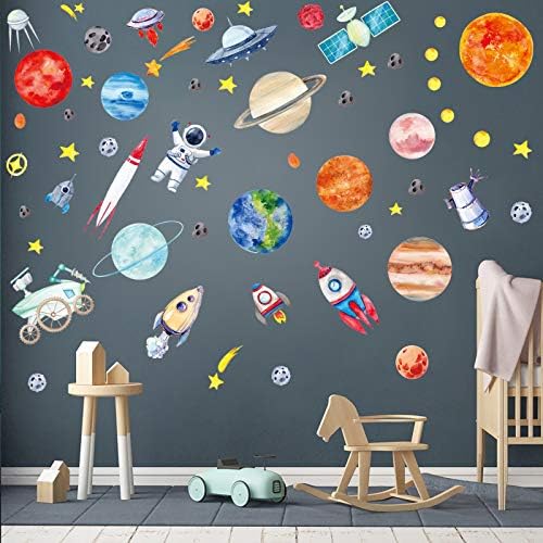 7 Sheets Outer Space Wall Stickers for Bedroom for Boys, Solar System Planets Wall Stickers Kids Wall Decals Astronaut Rocket Spacecraft Wall Stickers Universe Spaceship Nursery Decoration