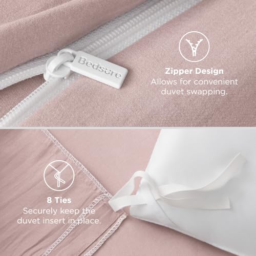 Image of Bedsure Prewashed Duvet Cover Queen, Cotton-Like Bedding Set, Rose Pink | Ultra Soft, Relaxed Texture, 90 inchx90 inch Breathable Comfort, Hidden Zipper, 8 Corner Ties, Easy Care, OEKO-TEX, Year-Round Use