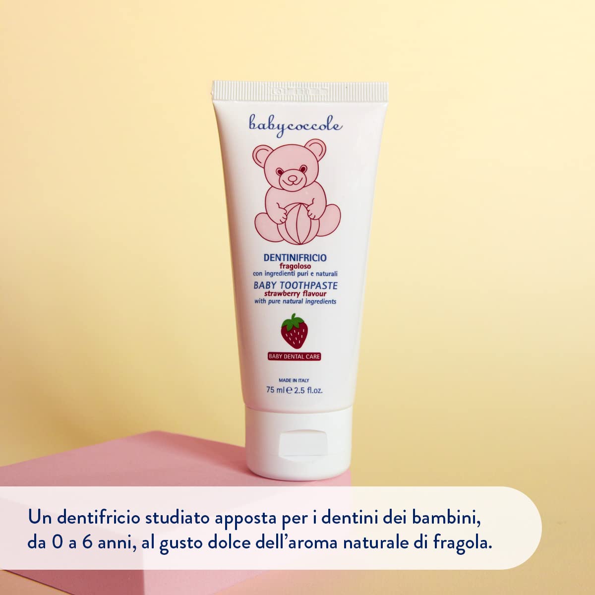 Babycoccole DENTINIFRICIO FRAGOLOSO. Dentifricio per Bambini da 0 a 6 anni all'aroma naturale di Fragola. Rinforza i denti, previene le carie. Giusto apporto di fluoro, calcio e vitamine - 75 ml