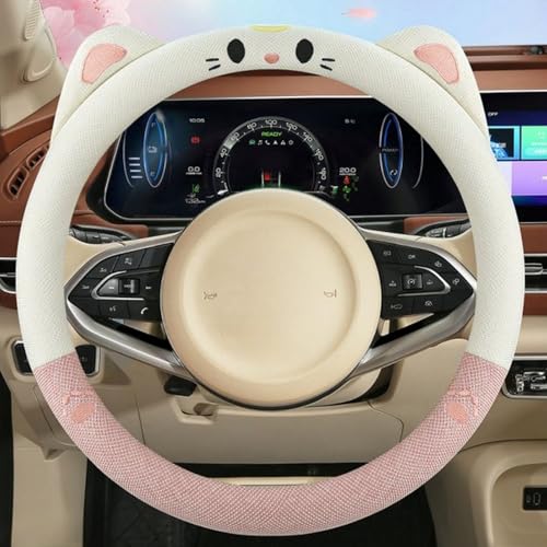 15 Inches Universal Round Car Steering Wheel Cover, Cute Cat Soft Breathable Non-Slip Steering Wheel Protector Wrap for Women (Pink)