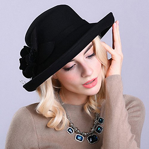 Maitose Women's Wide Brim Wool Felt Bowler Hat Black - Thumbnail 3