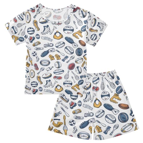 ALAZA Sport Ball Rugby American Football Pajamas Set Short Sleeve Cotton Sleepwear Summer Pjs 2 Piece 5-14Y