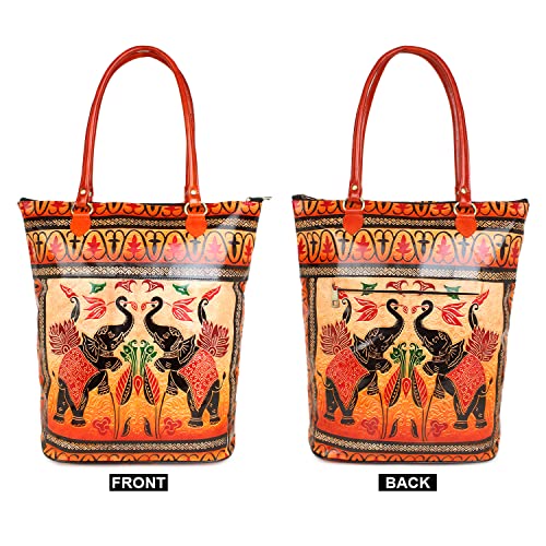 Twin Royal Elephants Design Ethnic Hand Embossed Shantiniketan Leather Indian Shopping Bag4