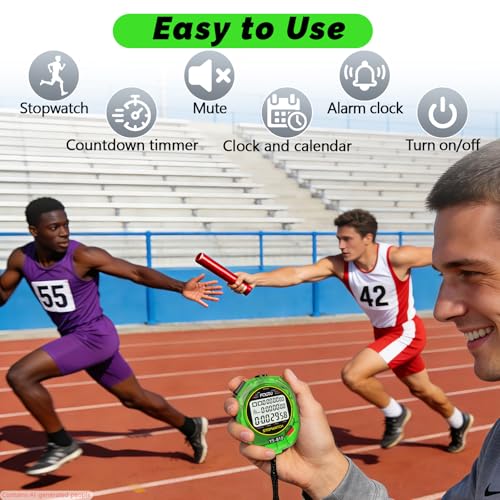 Image of Sports Stopwatch Timer, 10 Lap /Split Memory Digital Stopwatch Countdown Timer with 12 /24 Hour Clock Alarm On /Off, Calendar 3-Row Extra Large Screen Lanyard for P.E Coach and Referees (Red)