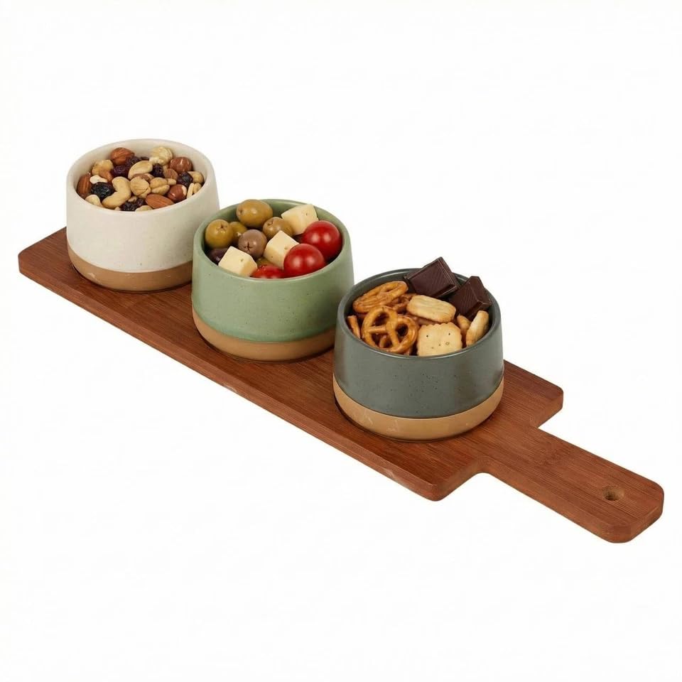 URBNLIVING Bamboo Serving Set – Snack & Tapas Board with Dip & Condiment Bowls, Nibbles Platter for Entertaining, Family Meals & Parties (Set of 4)