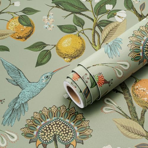 Livelynine Green Floral Bird Wallpaper Peel and Stick Vintage Retro Renter Friendly Wallpaper Kitchen Cabinet Contact Paper Waterproof Gold Lemon Tree Blue Birds Self Adhesive Wall Murals 17.5x78.8'