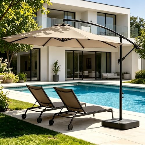 OLILAWN 10FT Cantilever Offset Patio Umbrella with Base Included Outdoor Patio Umbrella with 360 Rotation & Infinite Tilt Yarn-Dyed Fade-Resistant Canopy Heavy Duty 8-Rib Steel Frame for Patio Pool Deck Backyard Cream