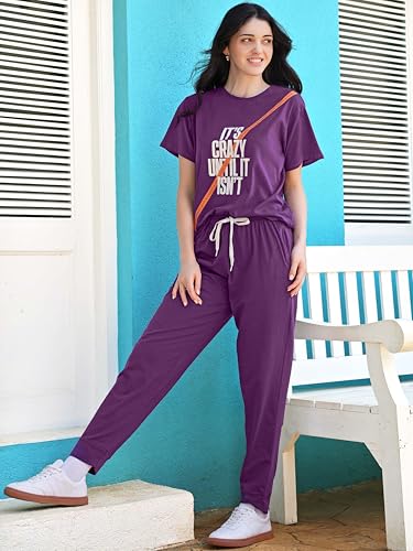 Image of ZEYO Night Suit for Women's Typography Printed Cotton Night Dress of Top and Joggers