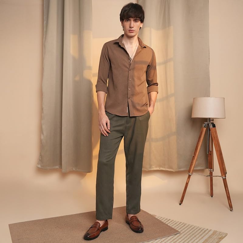 Image of CAHOOT Men's Veined-Textured Shirt | Casual Wear | Spread Collar | Long Sleeve | Button Closure | Shirt Crafted with Comfort Fit for Everyday Wear