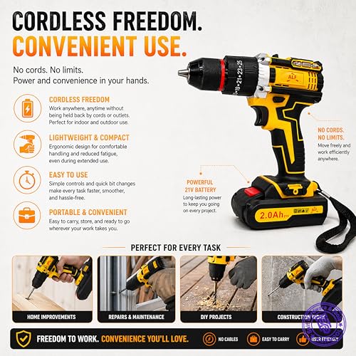 Image of ALF 21V Brushless Impact Drill Cordless Power Tool, High Torque Lithium-Ion Battery, Drill & Impact Driver with Variable Speed for DIY, Home Improvement & Professional Use.