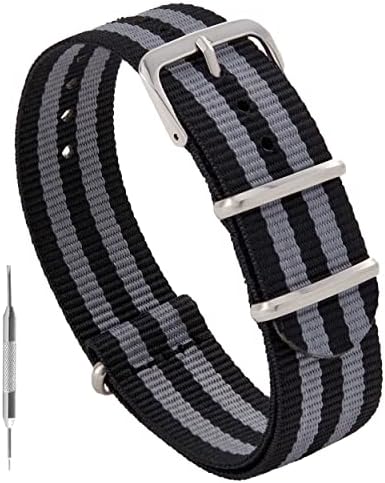 Benchmark Basics Nylon Watch Band - Waterproof Ballistic Nylon One-Piece Military Watch Straps for Men & Women (18mm, Black/Grey Bond Striped)