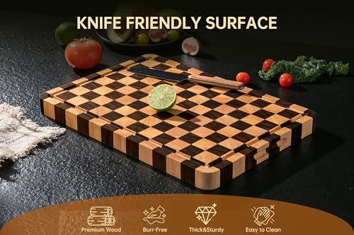 Image of THETCHRY Cutting Boards for Kitchen, Checkered Cutting Board Thickened, Walnut & Rubber Wood Chopping Board with Juice Groove & Handle, Double-sided Butcher Block with Gift Box, 16.5 inch x 11.6 inch x 1.2 inch