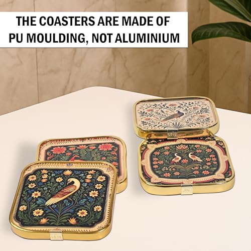 Image of Rousrie Stylist Modern Wooden Coasters with Golden Border | Set of 6 | Stand Included Premium Handmade Coaster for Tea Cups, Coffee Mugs, Beer Mugs, 10 by 10 cm (Madhubani Pattern)