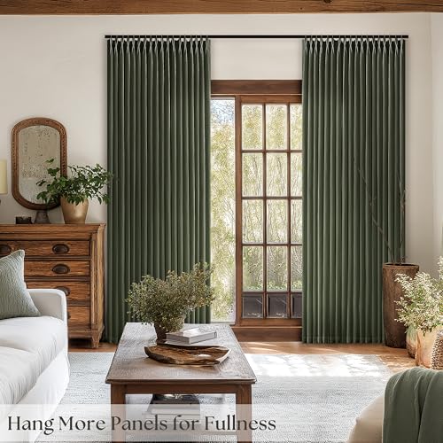 Image of Dark Green Pinch Pleated Semi Sheer Linen Curtains 102 Inch Extra Long | Hunter Green, Floor To Ceiling, Light Filtering Privacy, Bedroom Living Room, Flax Textured, Hook Rings Memory Shape, Luxury