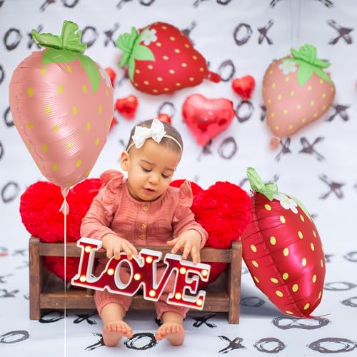 Image of Matte Red Pink Sweet Fruit Strawberry Balloons, Cartoon Cute Berry Spring Summer Theme Strawberry Balloon For Baby Shower Wedding Gender Reveal Birthday Party Decoration Supplies