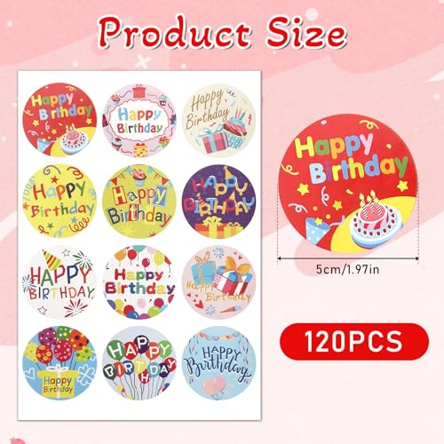 120 Stück Happy Birthday Aufkleber 5cm bunte Happy Birthday Aufkleber Rund Geburtstag Party Dekoration Sticker für Karten, Umschläge, Geschenkverpackungen (12 Designs)