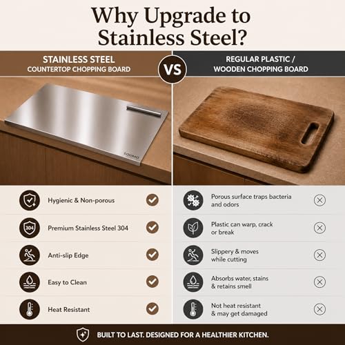 Image of Amazon Brand - Solimo Countertop Chopping, Slicing, Kneading Board | Stainless Steel | Round Edge | for Vegetables, Fruits (L)