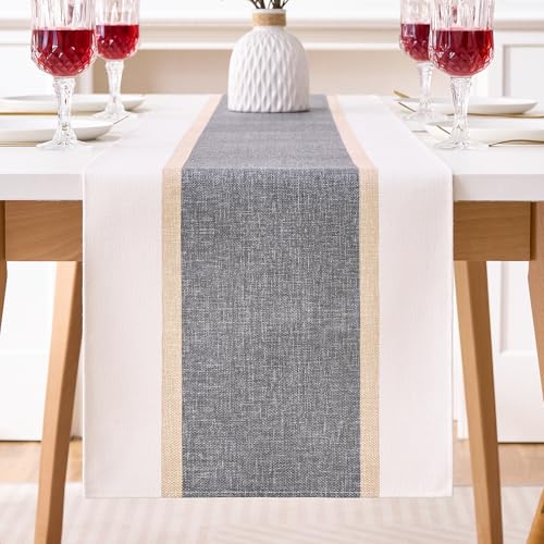 Chemin de Table Moderne en Coton Lin Chemin de Table Gris 33x183 cm Nappe de Table à Rayures Lavable pour Table à Manger Table Basse Restaurant Fête...