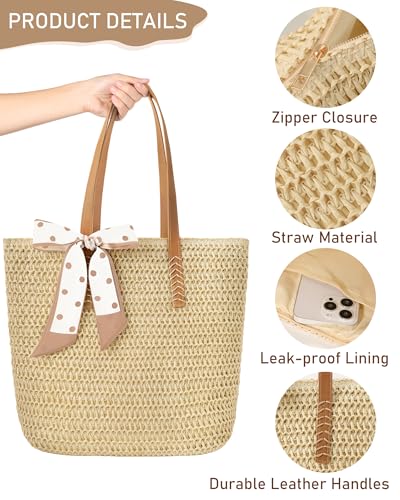 Image of Beach Bags for Women - Straw Bag with Zipper, Soft Woven beach bag, Casual Straw Shoulder Bag for Daily Use