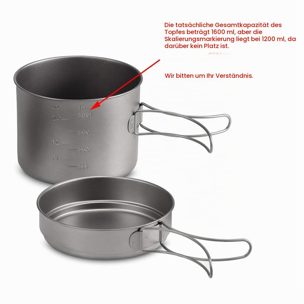 Lixada Titanium Topf Set aus reinem Titan, 1100ml / 1600ml Topf + 350ml / 500ml Pfanne,Φ125 * 102mm, mit faltbarem Griff, für Outdoor Camping, Wandern