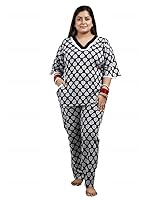 Dream Darzi Women's Printed Leaf Cotton V Shape Neck 3/4 Sleeve Laces Pocket Night Suit Set Top & Pyjamas -Navy Blue-6XL
