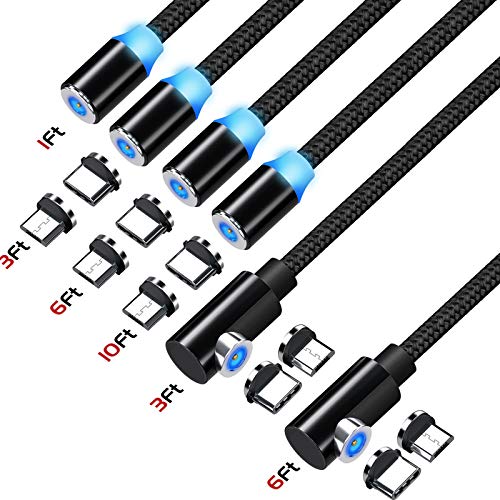 Magnetic Charging Cable, Ankndo Magnetic Phone Charger [6-Pack, 1ft/3ft/3ft/6ft/6ft/10ft] USB Magnetic Cable 15Pcs Magnetic Connector for Micro USB, Type C Smartphone Device-Black