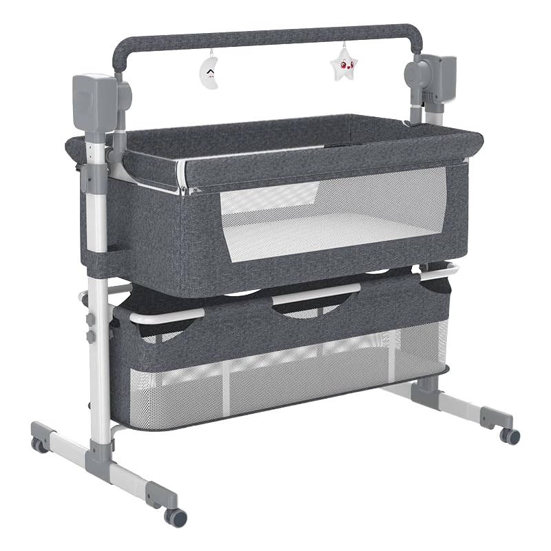 Oubeauou Smart - Cuna de noche para bebé, moisés de acero al carbono gris con columpio automático, temporizador de 3 velocidades, altura ajustable multiescena, modos eléctrico y manual, control remoto