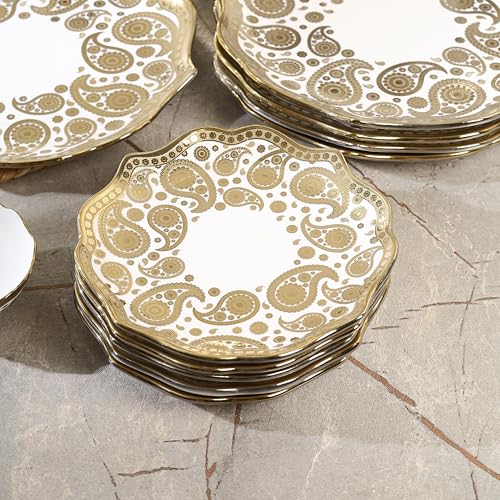 Image of Timeless Elegance Dinner Set, White & Gold, 18 Piece | Gold Plated, Porcelain Crockery with Scalloped Rim, For 6 People, 6 Dinner Plates, 6 Quarter Plates & 6 Veg Bowls, DSS02