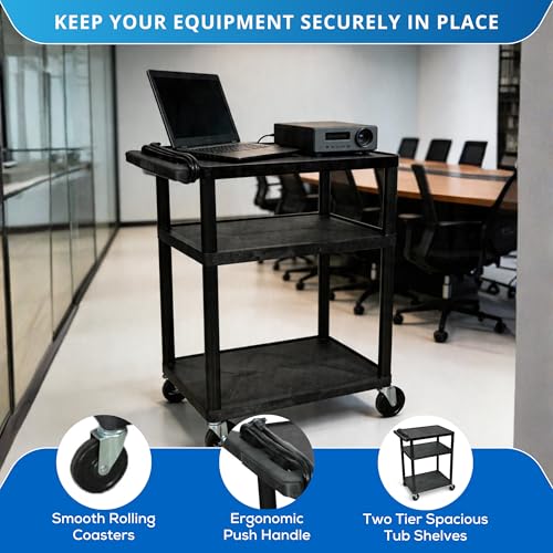 Image of FSE 373-LP34E-B 34 inch AV Cart, 3-Shelf Electric Utility Cart with 300 lb Capacity, 24 inch x 18 inch Molded Plastic Shelves, Built-in 3-Outlet Power Strip with 15' Cord, 4 inch Locking Casters, Black