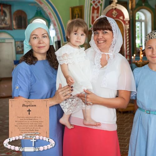 First Communion Baptism Confirmation Easter Basket Stuffers Gifts for Teenage Girls -Cross Beaded Bracelet for Girls Daughter Granddaughter Niece Sister with Baptism First Communion Confirmation Card3