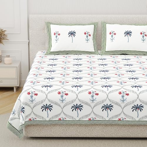 Image of DE CAMA Since 1997 | 100% Cotton 300 TC Premium King Size Bedsheet for Double Bed (90 x 108 Inch) with 2 Pillow Covers Set (17 x 27 Inch) Designer Printed Bedsheet Set - Magestic,White